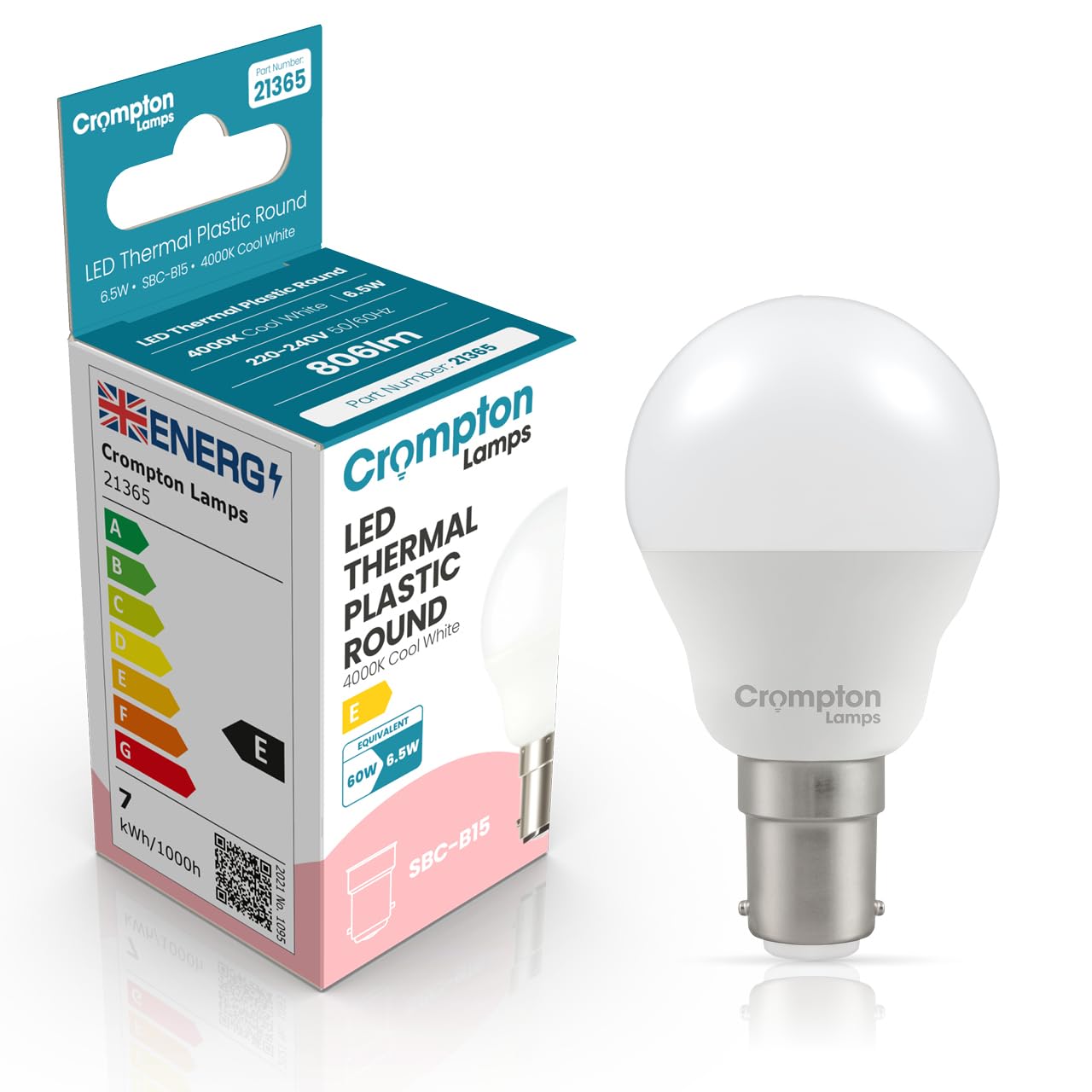 Crompton Lamps Golfball LED B15 Bulb | 6.5W = 60W Equivalent | Cool White 4000K | Energy Efficient | Small Bayonet Lightbulb | Long Life 15,000-Hrs | Bulbs for Lamps