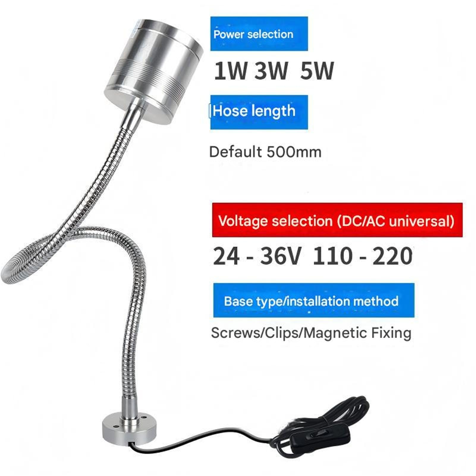 Lavoro 24 V/220 600mm LED Macchina Utensile Luce di Lavoro Tornio Fresatura CNC Illuminazione Magnetica Lampada da Tavolo Flessibile Industriale per Tornio(1W/24V/Strong Magnet)