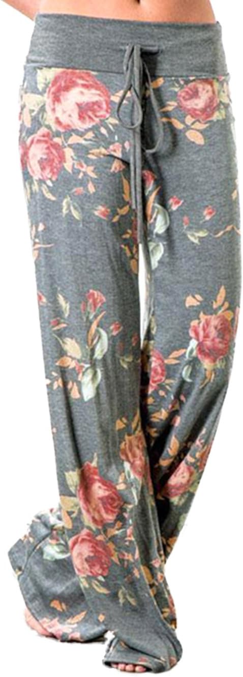 iChunhua Women's Comfy Stretch Floral Print Drawstring Palazzo Wide Leg Lounge Pant