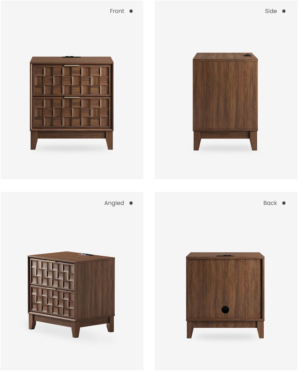 COLAMY Nightstand with Charging Station, 2 Drawers Modern Bedside End Table, with Chessboard Relief and Wood Legs, for Bedroom, Dorm and Small Space - Walnut - Image 9