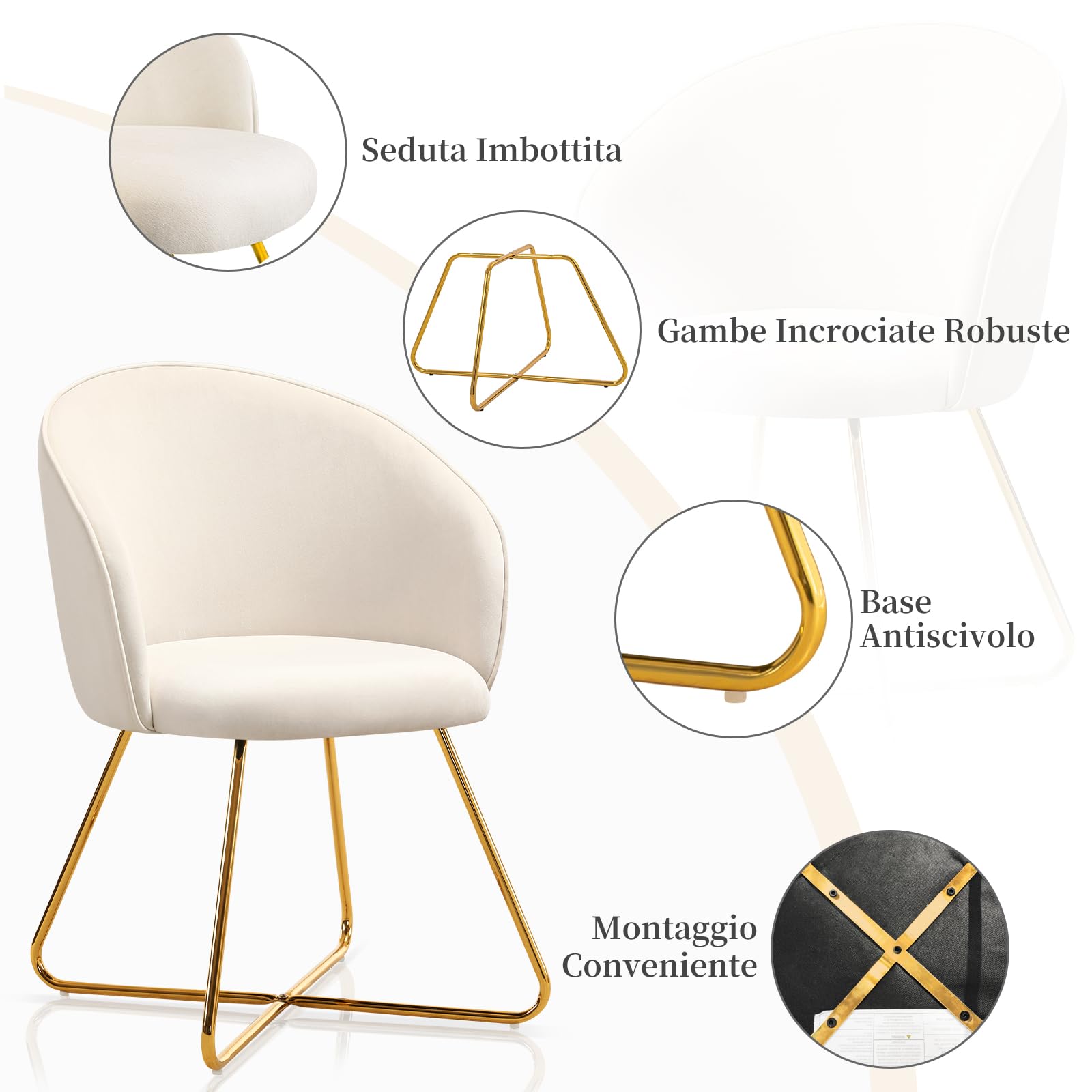 Hellove Sedia Toeletta Trucco con Gambe in Gold Metallo,Moderne Velluto Poltrona Camera da Letto, Poltroncina,Poltroncine Imbottite,Sedia Laterale per Camera da Letto/Soggiorno/Vanità,Beige