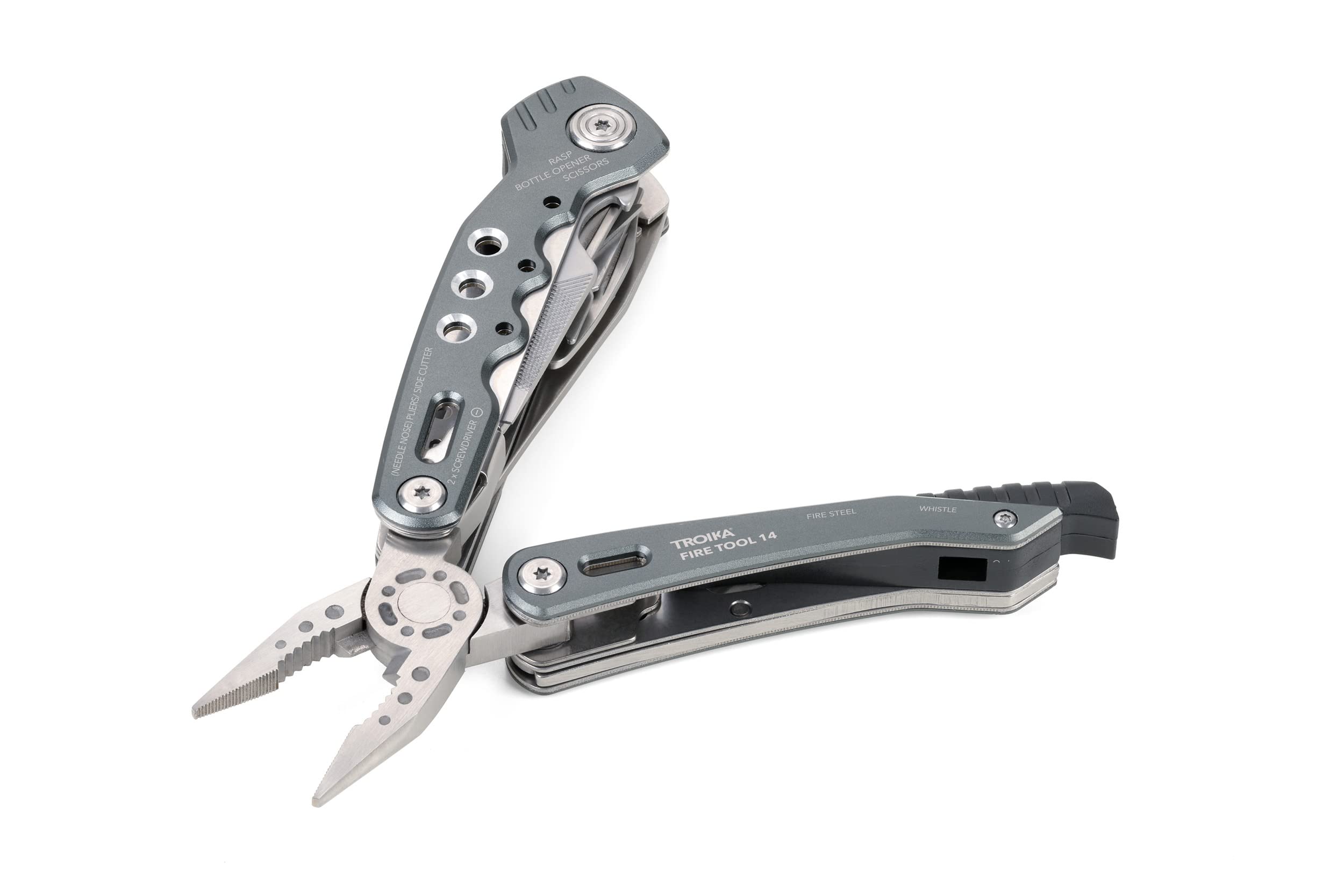 Troika Fire Tool 14 Outil multifonction avec 14 fonctions pour les voyages en plein air et survie – Ressort intégré et fonction de verrouillage – Acier inoxydable 420 – Aluminium – Anodisé – Gris