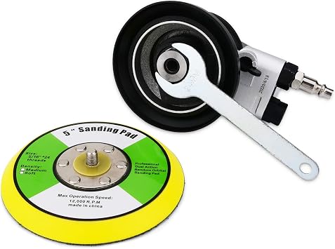 Professional Air Random Orbital Sander, 5-Inch Pneumatic Dual Action Palm Sander/Polisher, 10,000 RPM Variable Speed with Hook & Loop Pad for Auto Body, Woodworking & Metal (Silver, 125mm)