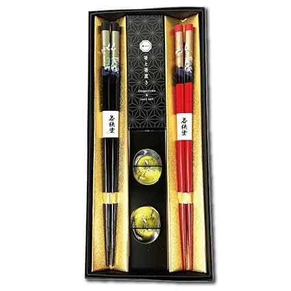 Premium Japanese Chopsticks Reusable with Chopsticks Rest Set of 2 Pairs[ Made in Japan ] Traditional Lacquer Art Wooden Chopsticks (Golden Crane BK/RD(MK019))