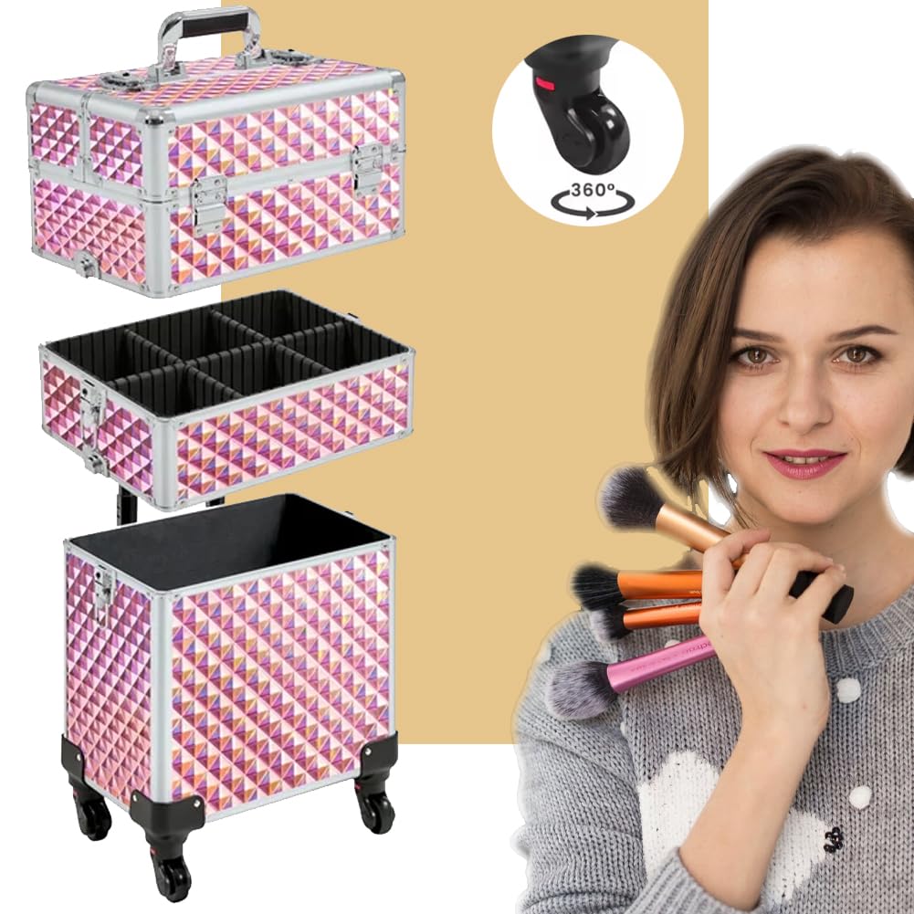 BAKAJI Trolley Make Up 3 in 1 Professionale con Trama Oleografica a Triangolare, Beauty Case Estetista Portatile, Valigia Porta Trucchi con Ruote Staccabili, Valigetta Organizer Makeup Viaggio (Rosa)
