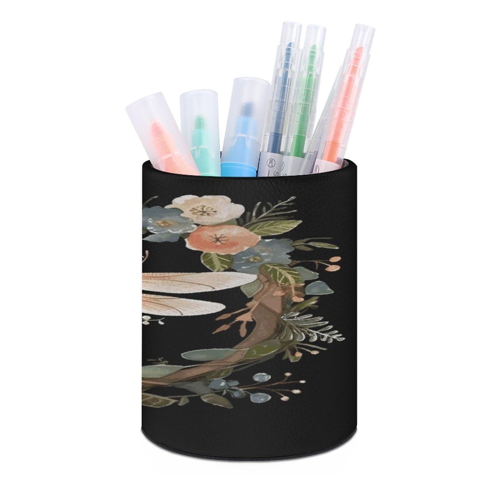 JTREHY Image of Dragonfly in Wreath Pen Holder Round Pen Pencil Holder Makeup Brush Holders Cup PU Leather Pencil Cups Desktop Caddy Stationery Organizer Case Office Accessories Container Box