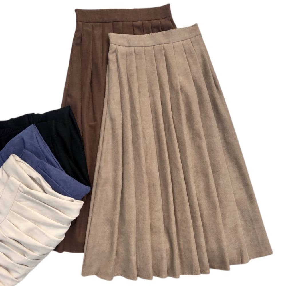 OZEO Röcke Damen,Damen Midirock Braun Hohe Taille Einfacher Cord Faltenrock Schlicht A-Linie Swing Geraffte Lässige Lange Röcke Für Mädchen Damen Herbst Winter,M