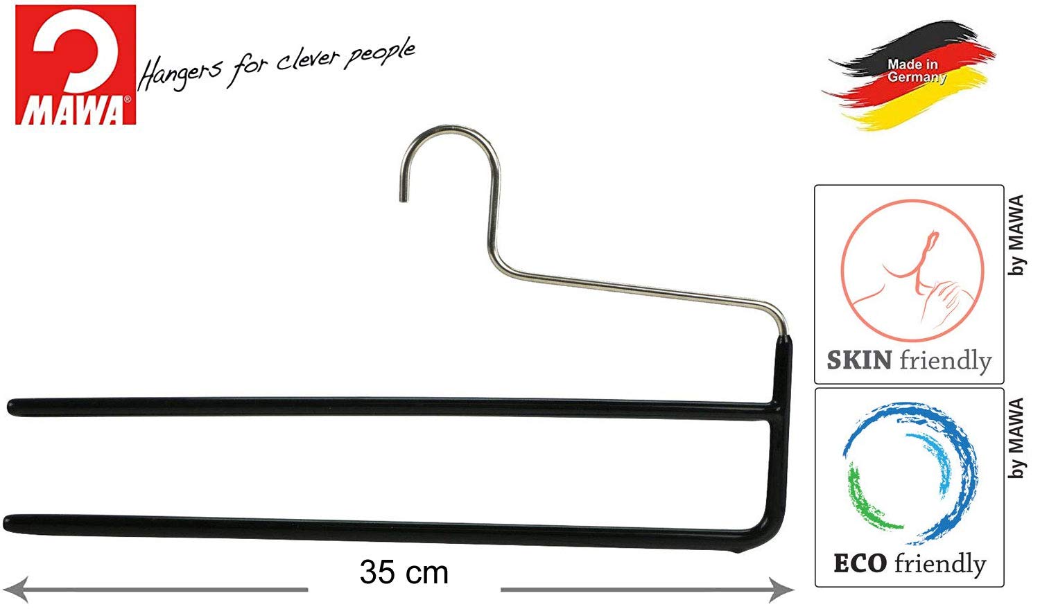 MAWA Kleiderbügel für Hosen, 10 Stück, platzsparende Hosenbügel mit Zwei Stegen, für Jeans, Stoffhosen und Anzughosen, hochwertige Antirutsch-Beschichtung, 35 cm, Schwarz