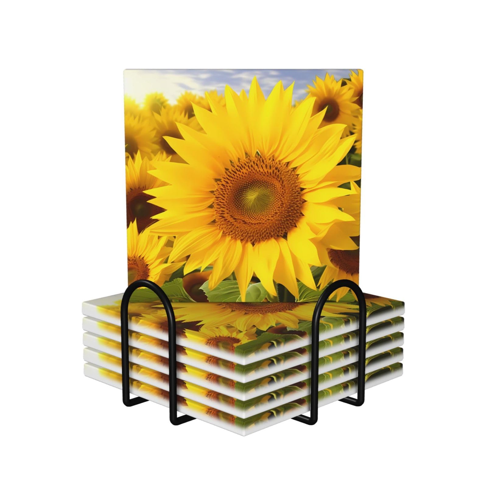 6Pcs Ceramics Coaster for Drinks, Sunflowers Cup Coasters with Holder, Aesthetic Drink Coasters for Coffee Table, Absorbent Round Coaster for Tabletop Protection 4" Cup Mat Pad