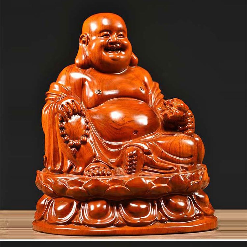 Dekoracja pulpitu Drewniana statuetka Buddy Ozdoby Siedzący Lotos Uśmiechnięty Budda Rzeźby z litego drewna Dom Salon Mahoń Rzemiosło Rzeźby Wystrój Domu(19,68 cala)