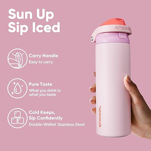 Miniatura 4 de Encool Botella de agua aislada de acero inoxidable con popote, botella de agua deportiva a prueba de fugas para la escuela, viajes, mantiene el frío