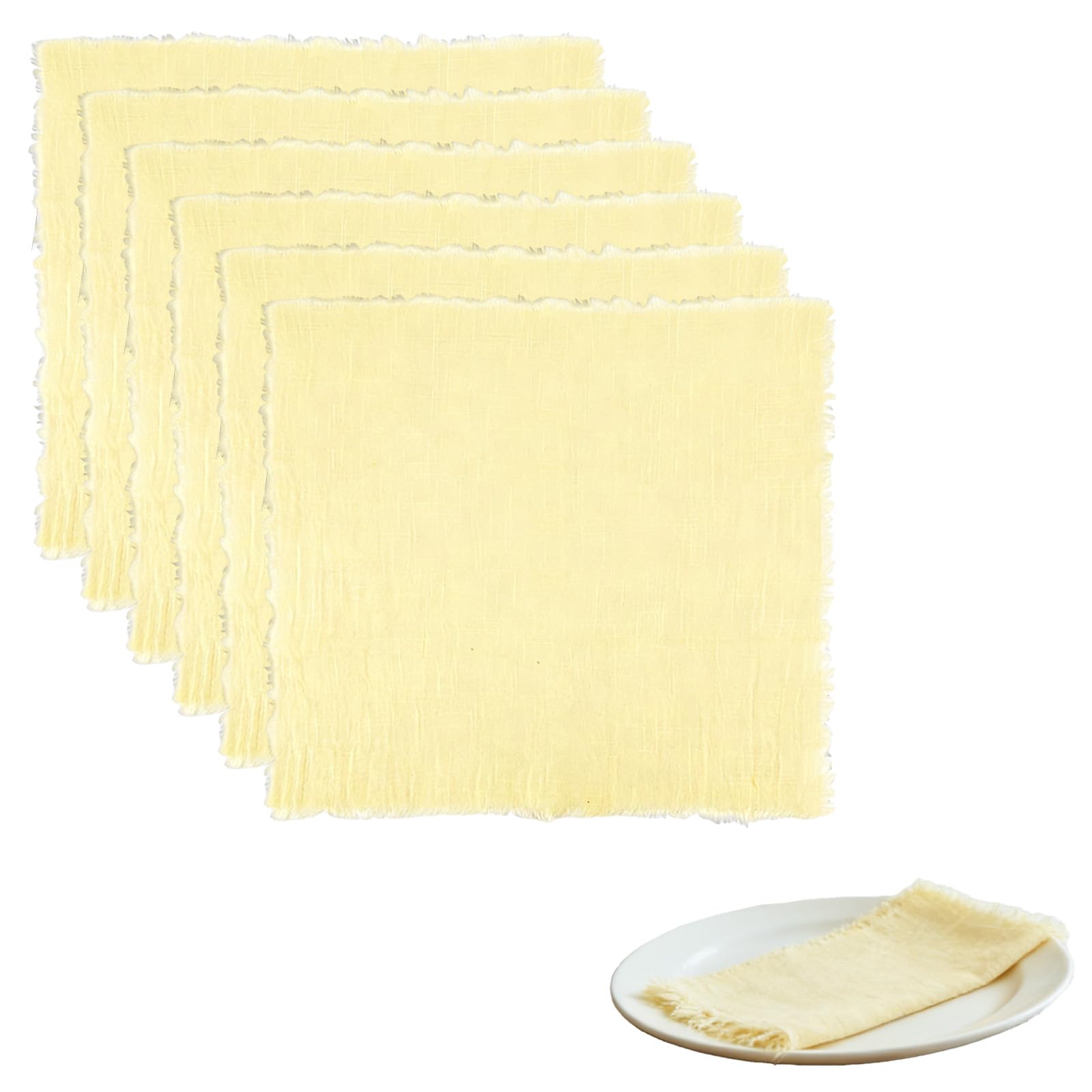 6 PCS Cloth Napkins 42 X 42cm Dinner Table Cotton Napkins Cotton Meal Mat With Fringe Versatile Square Rustic Fringe Napkins for Dinner, Wedding and Parties (Yellow)