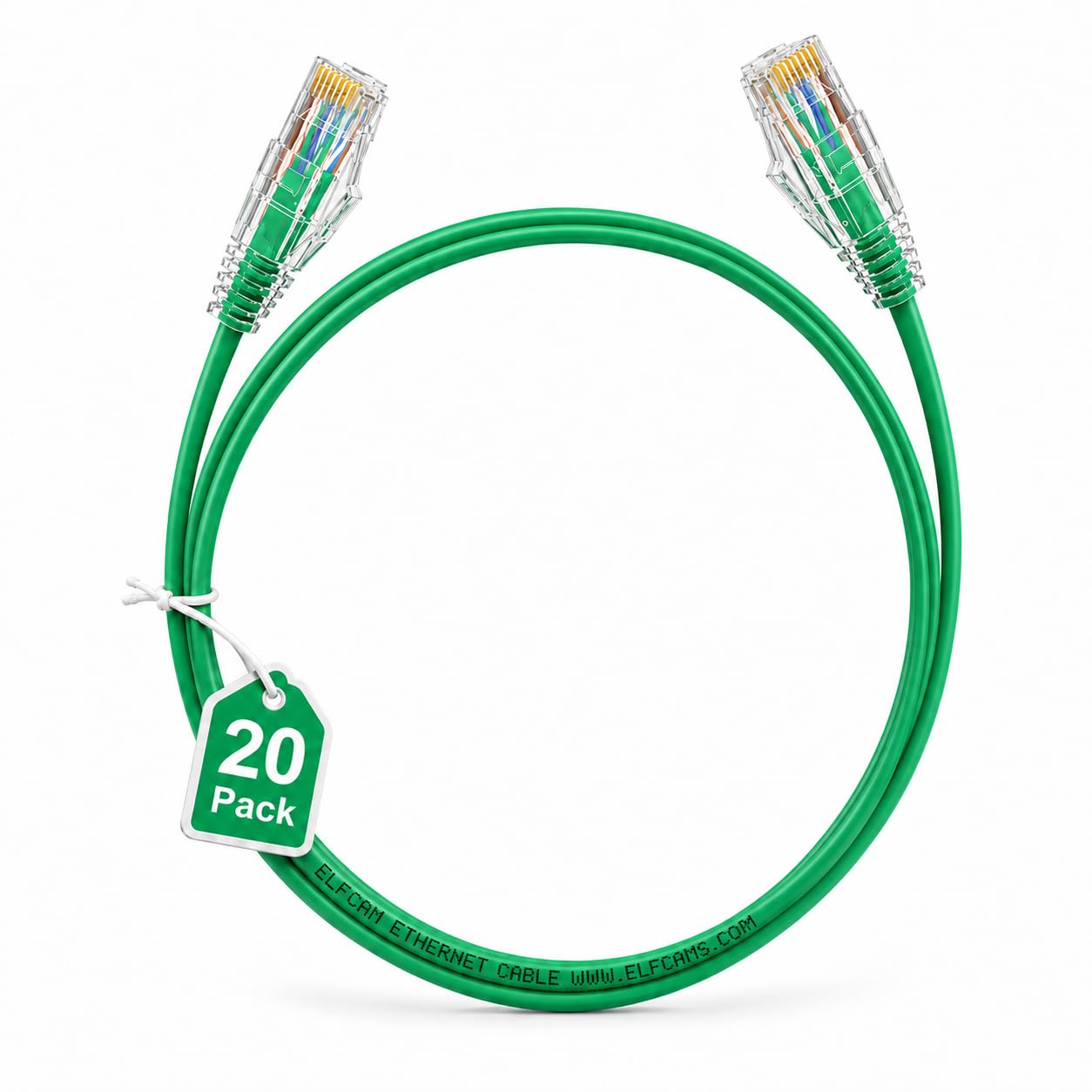 Elfcam - Zestaw 20 zielonych kabli Ethernet Cat 6A, Ultra Slim 10 Gb/s 28AWG UTP OD3,6 mm 500 MHz, przewody z czystej miedzi Cat6a Fin 10 GB do centrów danych, 3M