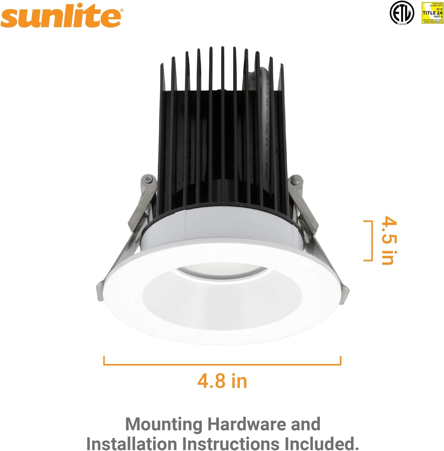 Sunlite 4-Inch LED Round Regressed Downlight Fixture, 18 Watts, 1360 Lumens, Canless, Color Selectable 27K/30K/35K/40K/50K, 90 CRI, Dimmable, ETL Listed, Title-24 Compliant, 4 Pack