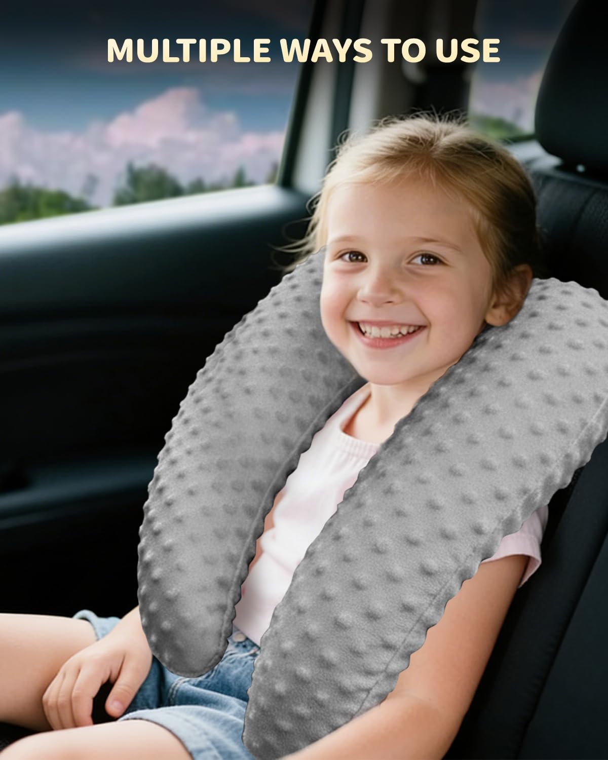 Oreiller de voyage en mousse à mémoire de forme pour enfants, oreiller de voiture en forme de H pour dormir, taie d'oreiller amovible, réglable, pois en velours, gris