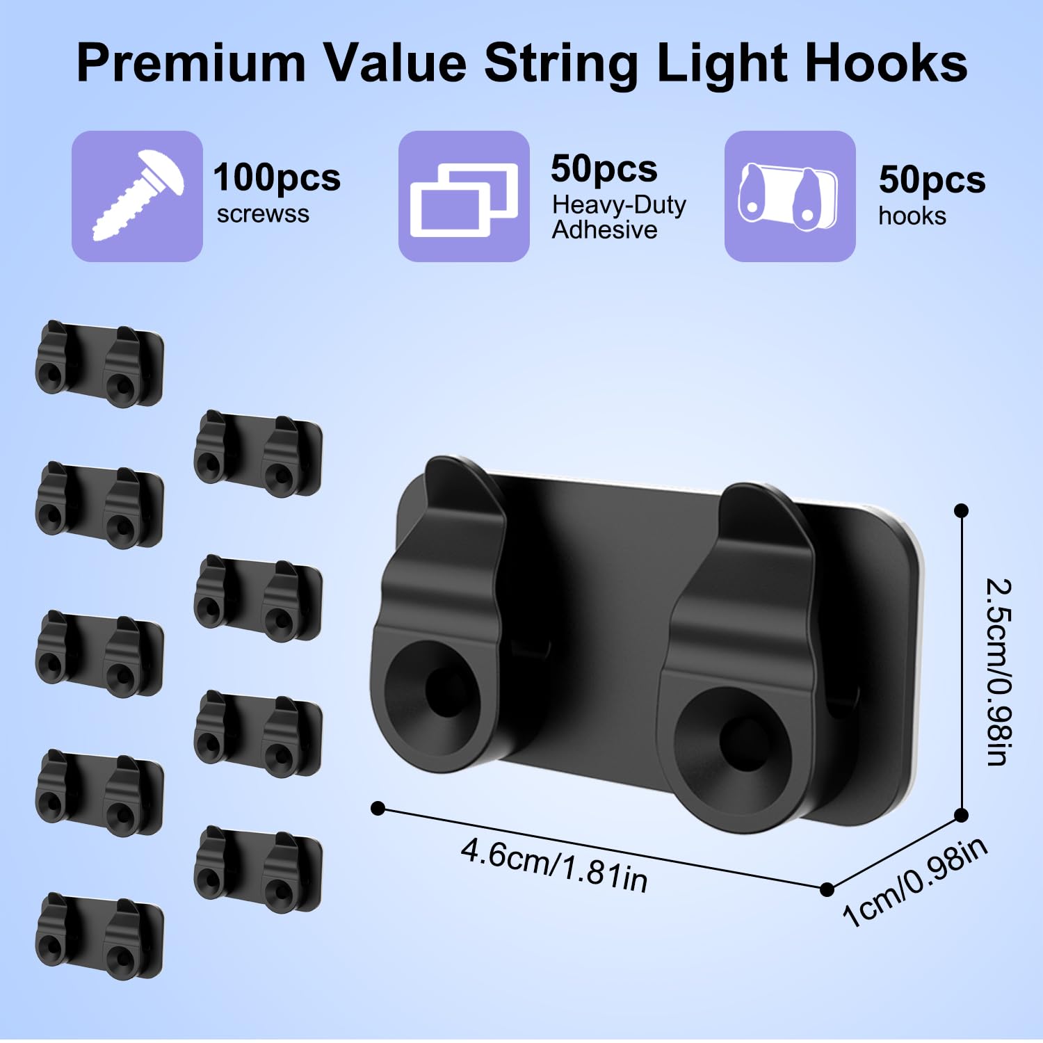 FALDAA Outdoor Light Clips, 50Pcs Black Clips with Waterproof Adhesive Strips, Heavy Duty Hook with Screws for Hanging Outdoor Wedding Patio LED