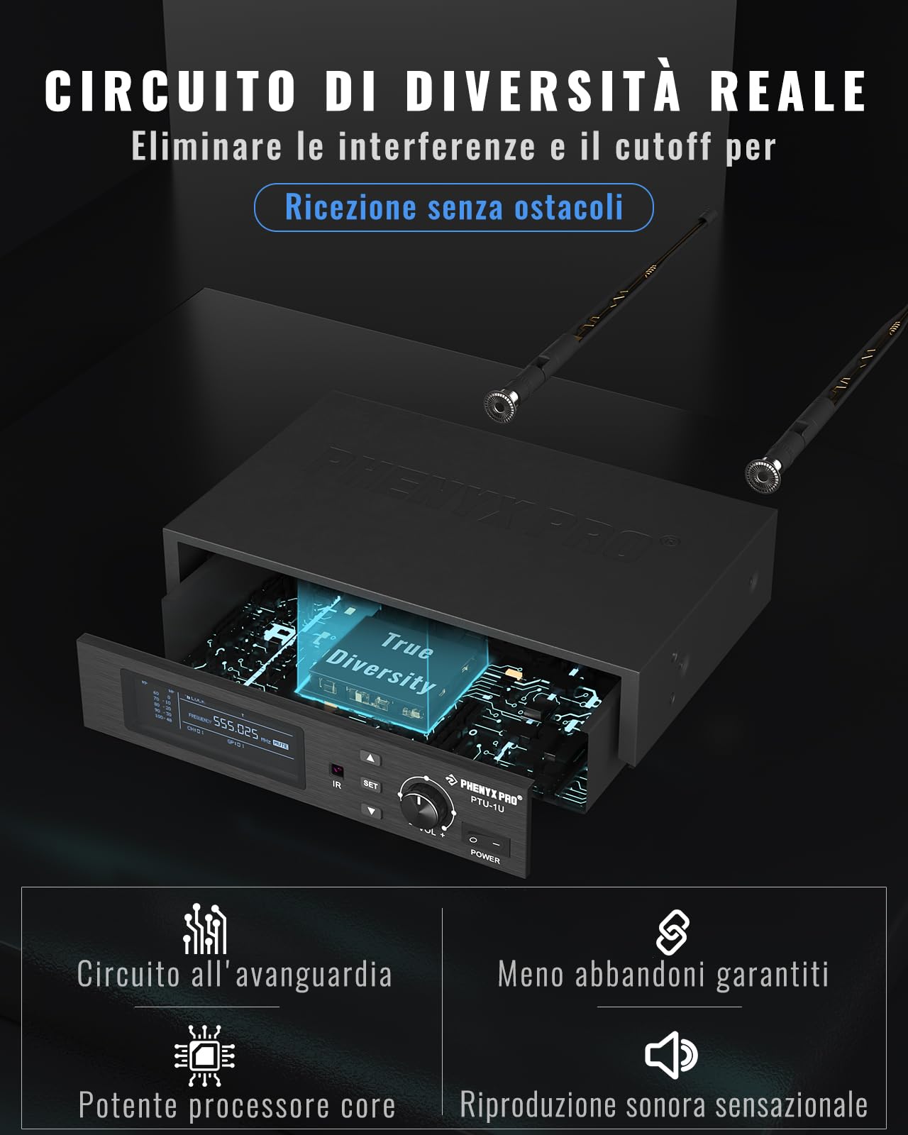 Phenyx Pro Sistema Microfono Wireless UHF a 2 canali PTU-2U-1H1B | True Diversity, scan auto, 2 × 1000 canali, 328 ft, sync IR, 1 mic palmare, 1 bodypack, mic headset/lavalier