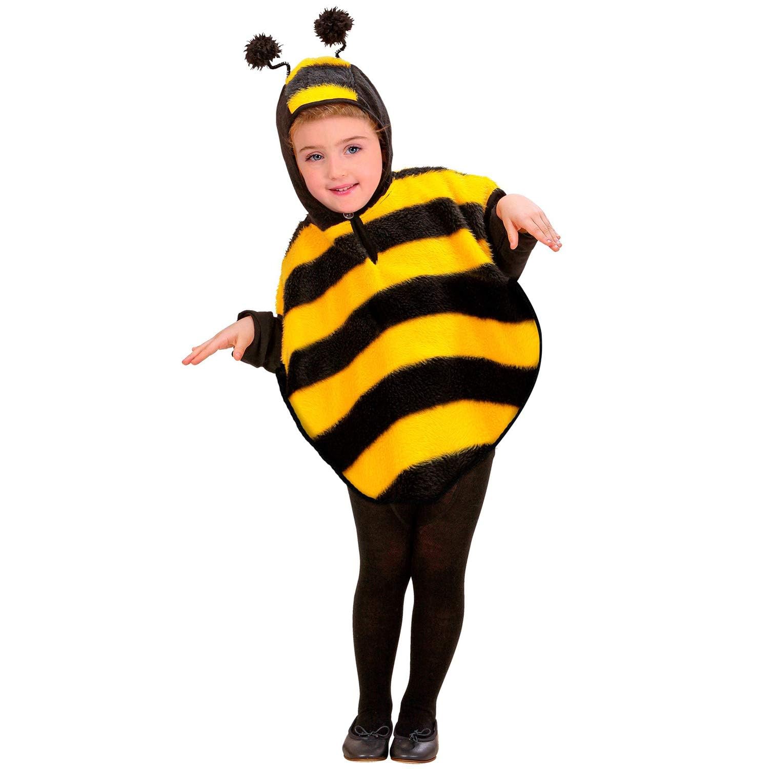 Widmann 60260 60260 Children's Costume Bee Plush Poncho with Hood Animal Theme Party Carnival Unisex Children Black/Yellow 110 cm