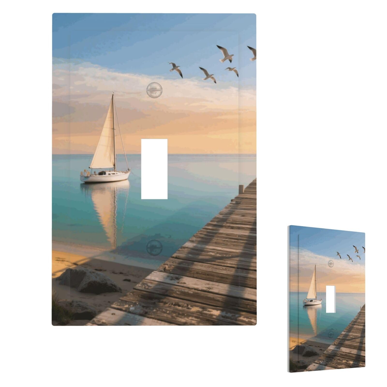 Beach Sailboat Seascape Wall Plate Cover Modern Decorative 1 Gang Light Switch Cover Unbreakable Receptacle Outlet Covers For Living Room Bedroom Home Decor Single Toggle