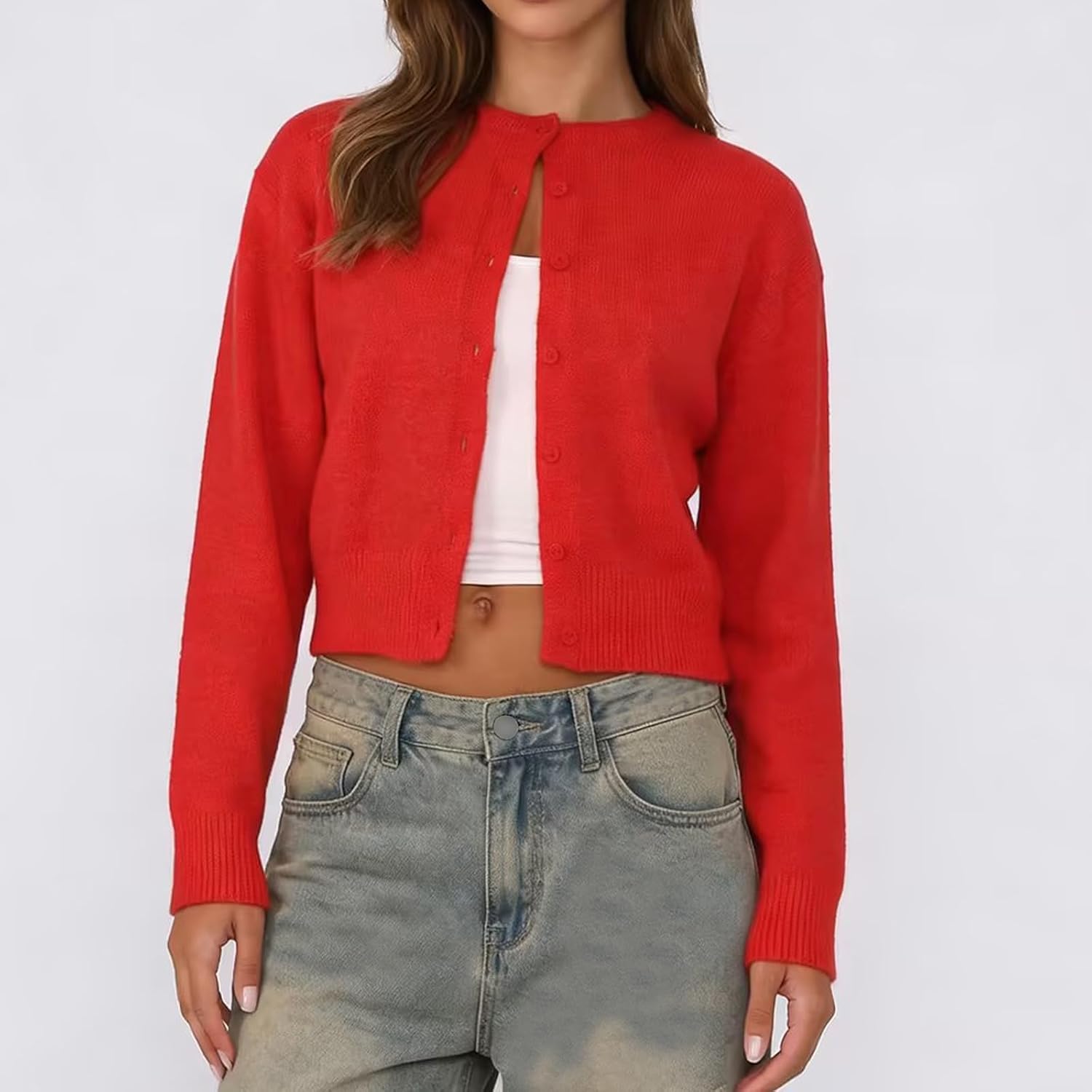 Women Y2K Button Front Crop Sweater Cardigan Solid Color Crew Neck Long Sleeve Knit Fall Tops Streetwear