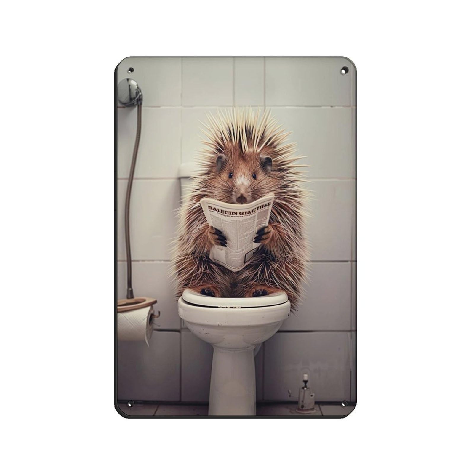 Porcupine Sitting on The Toilet Reading A Newspaper (4) Retro Poster Metal Tin Sign Chic Art Retro Iron Painting Bar People Cave Cafe Family Garage Poster Wall Decoration 8x12inch(20x30cm)