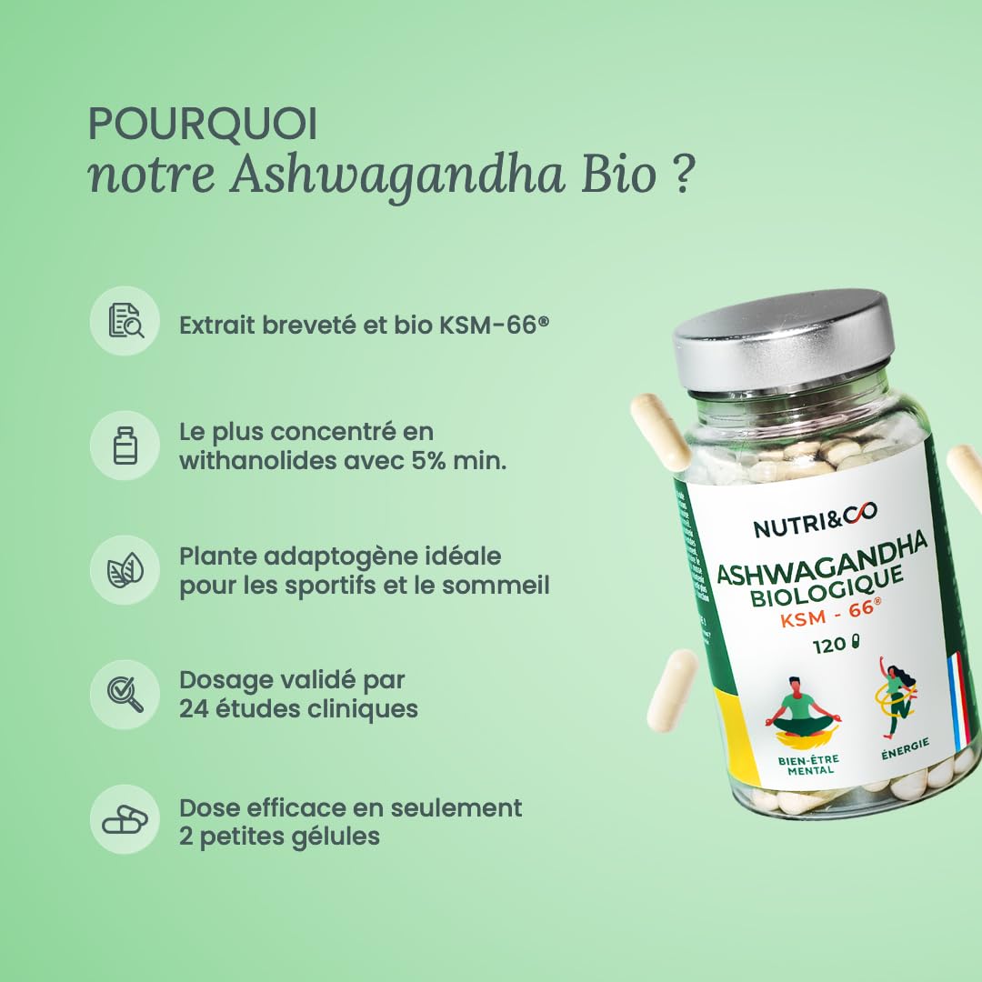 NUTRI & CO Ashwagandha BIO KSM-66® Breveté - Extra Fort 1200mg 5% Withanolides - 120 gélules Vegan - Extrait 100% Pur - Fabriqué en France