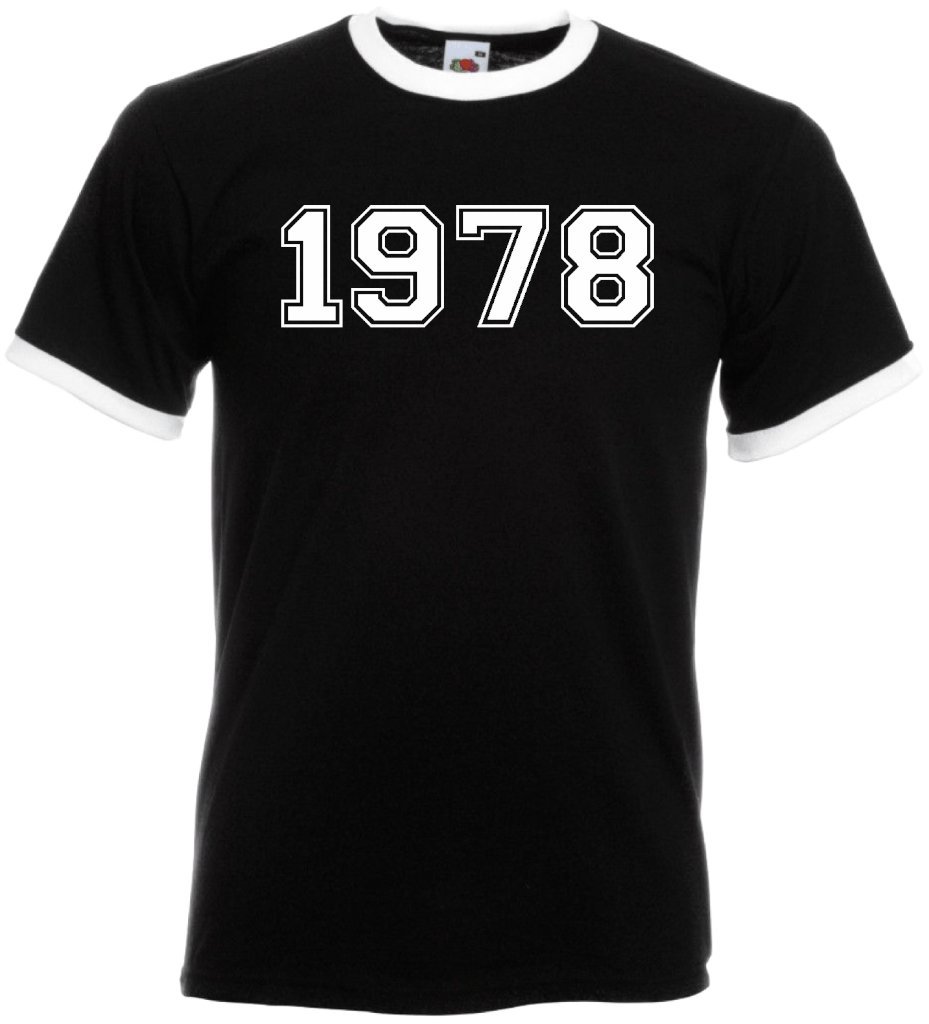 Dcg Printwear Men's Black & White Ringer Varsity 1978 College Unisex Ringer T-Shirt Birthday Gift Present Funny Novelty Top