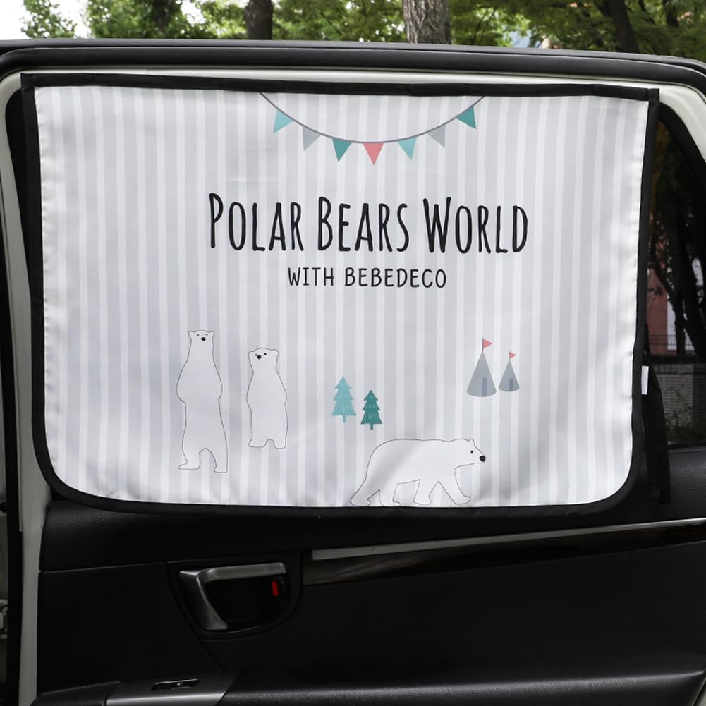 Magnetic Car Sun Shade Curtain for Side Window – Sun Blocker and UV Protector for Baby, Kids, and Pets – Universal Fit with Built-in Magnets for Steel-Framed Door (Be-Pola Bear)