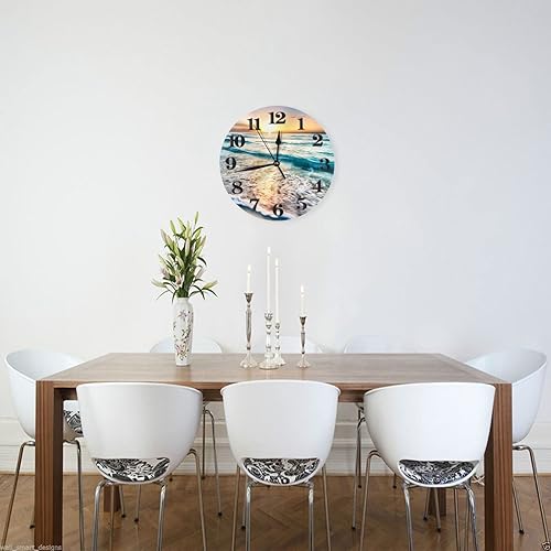 Miniatura 3 de Reloj de pared redondo con estampado de playa, puesta de sol y océano, funciona con pilas, reloj de pared decorativo de 10 pulgadas, silencioso, sin