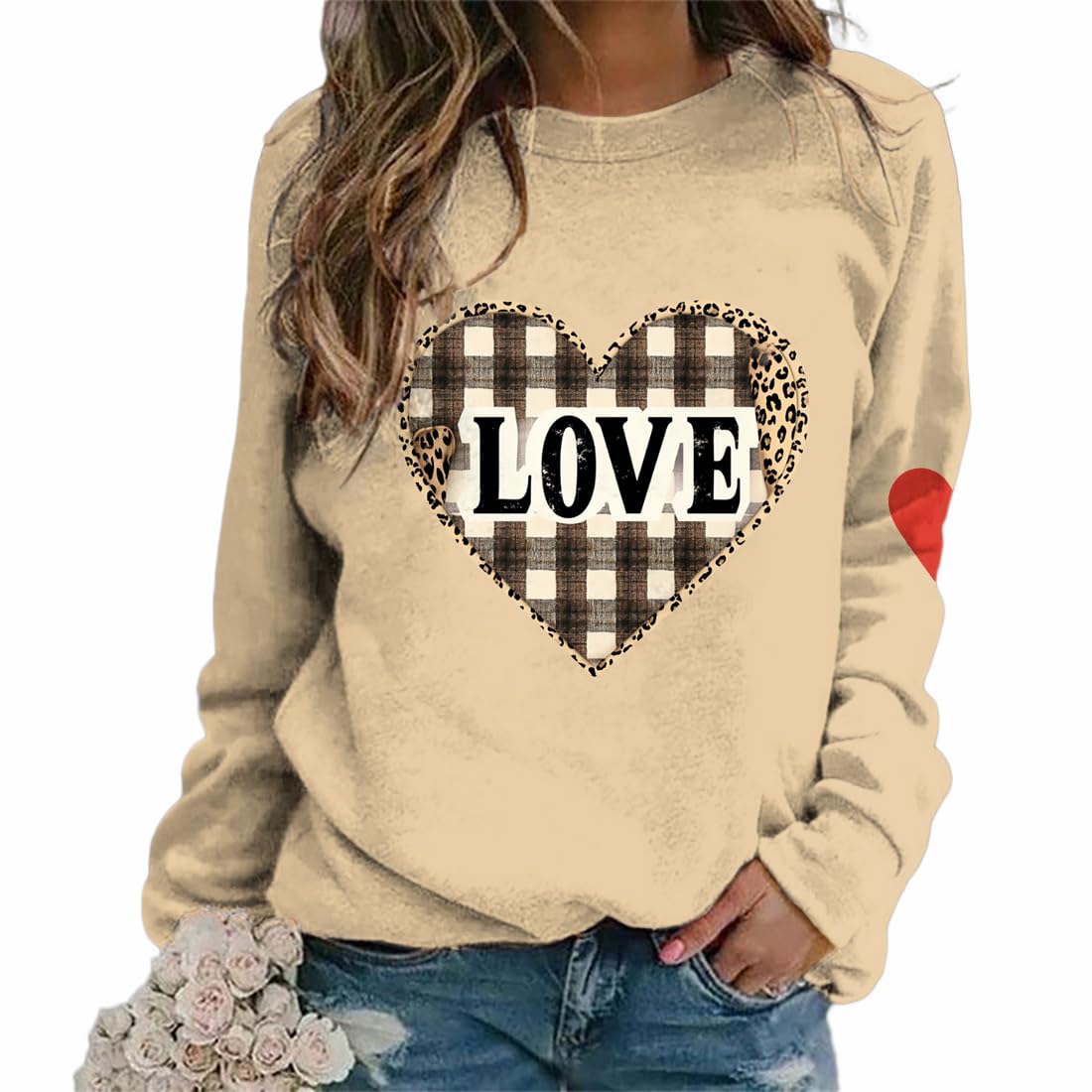 HOTYD Womens Cute Heart Print Valentine Sweatshirt Casual Long Sleeve Graphic Shirts Oversized Crew Neck Pullover Tops