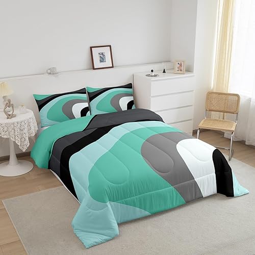Miniatura 2 de Juego de edredón de plumón color verde menta, azul, negro y gris, tamaño Queen, juego de edredón de espirales geométricos para niños y niñas, juego