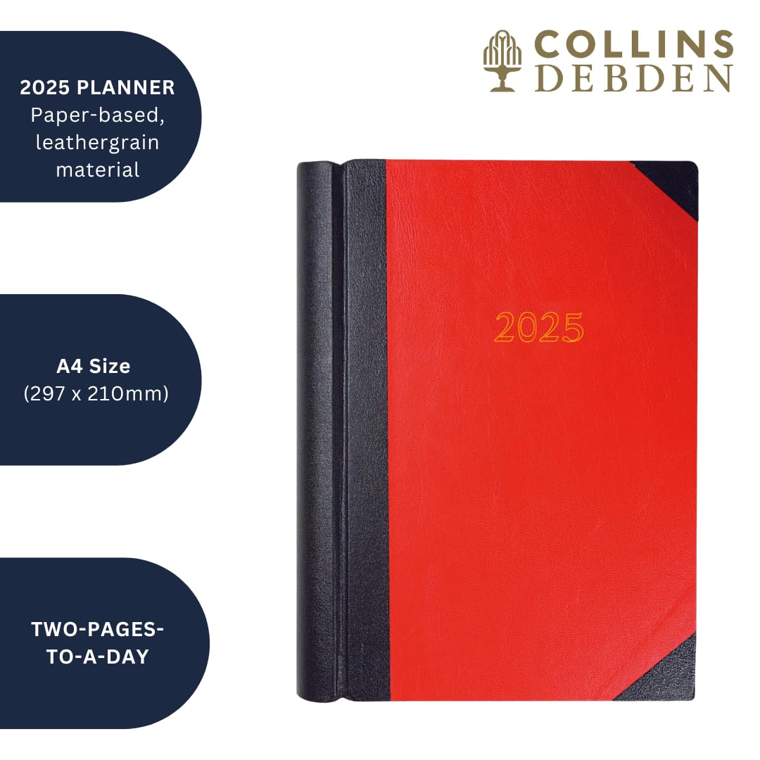Collins Standardowy dziennik biznesowy na rok 2025, A4, 2 strony na dzień, czerwony, planer biznesowy premium z okładkami ze skóry licowej