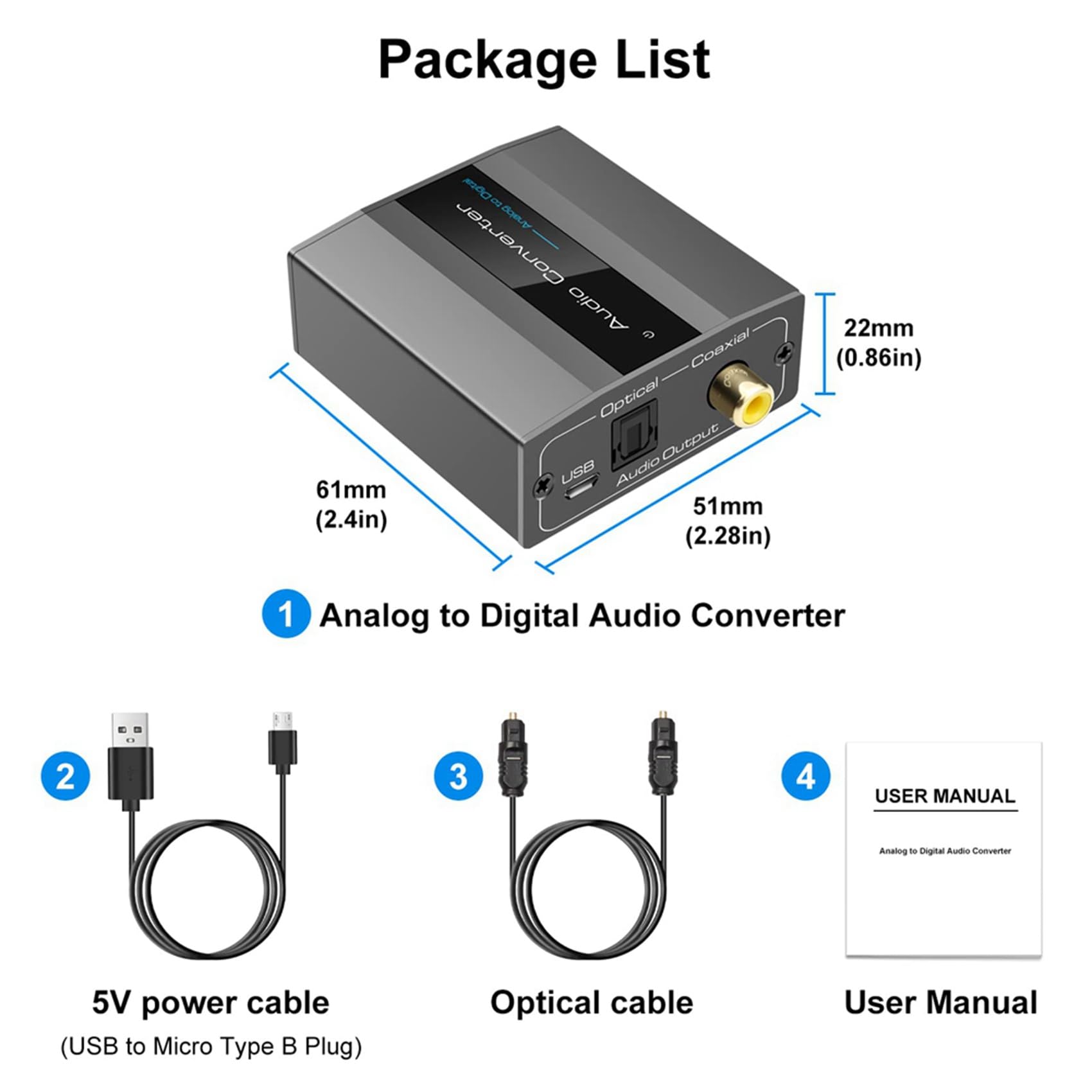 3X Convertidor de Audio AnalóGico una Digital una ÓPtico con Cable ÓPtico Audio Digital Toslink y Adaptador de Audio Coaxial