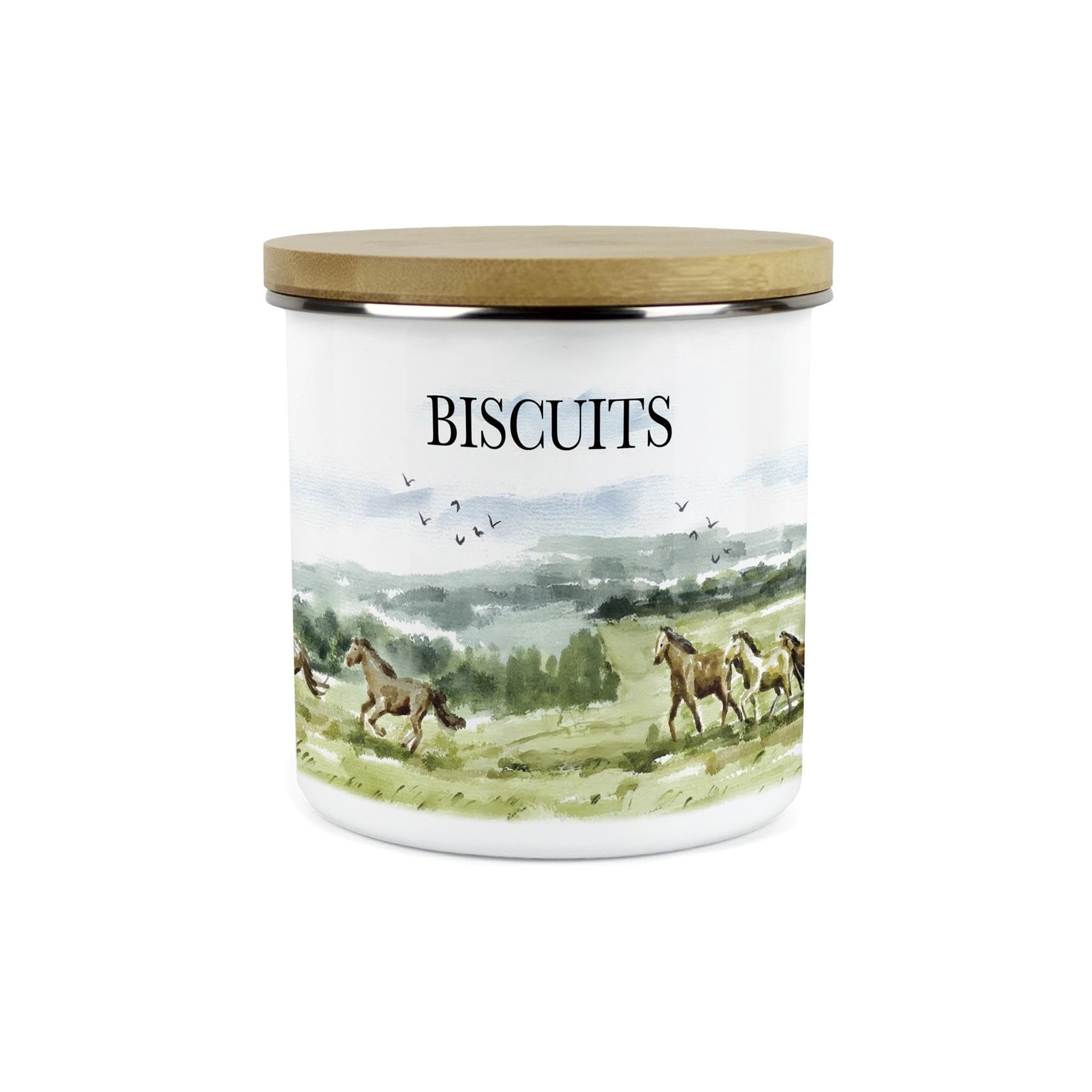 Purely Home Wild Horses Biscuit Tin - Watercolour Landscapes Horse Themed Gifts - 1.2L Large Enamel Kitchen Storage Canister