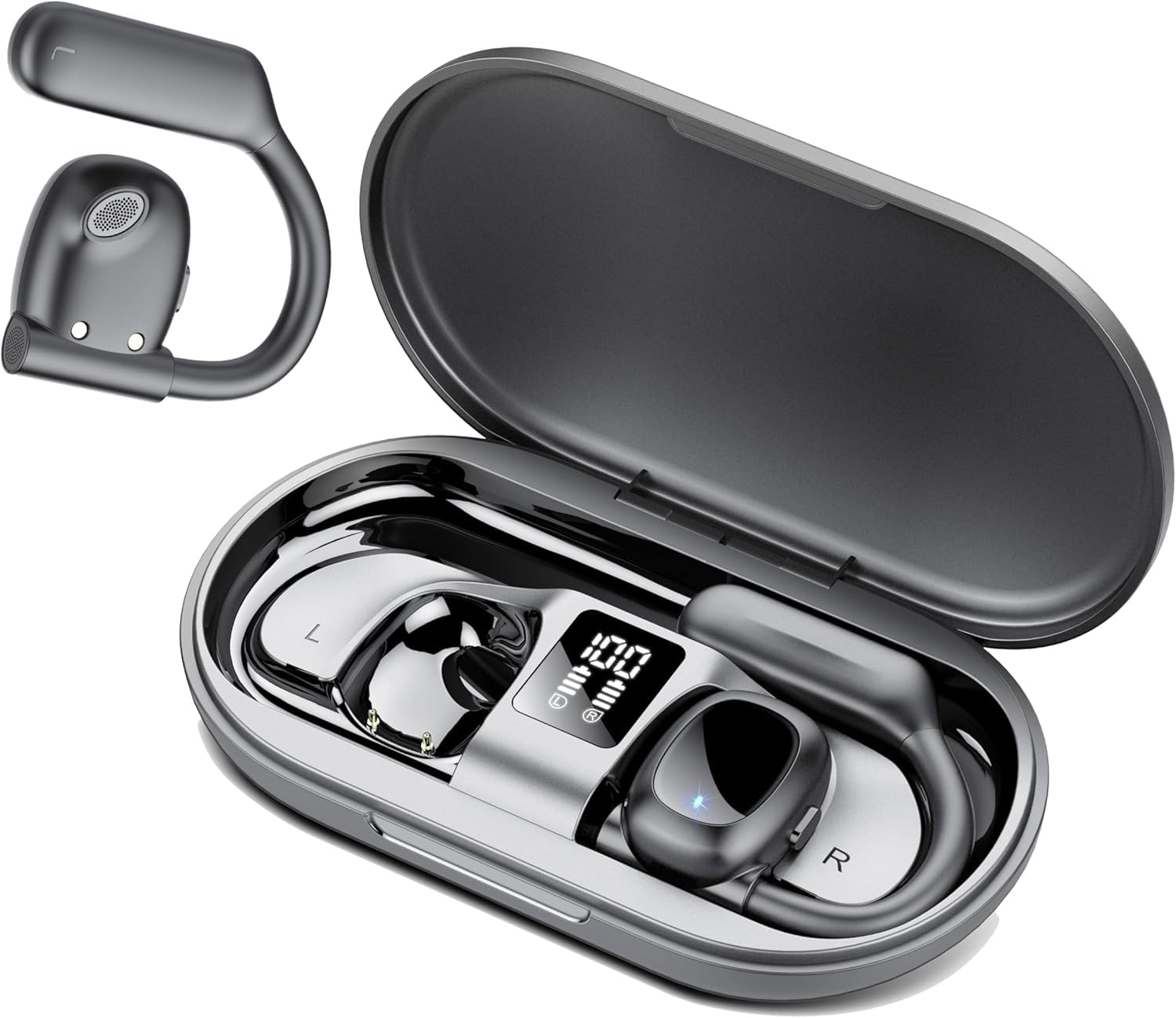 Cuffie Open Ear, Orecchio Aperto, Cuffie Bluetooth Sport, Auricolari Bluetooth 5.3 Wireless con 4 Mic Stereo, Cuffiette Bluetooth con Custodia di LED Ricarica, 75Ore, Impermeabili IP5, Nero