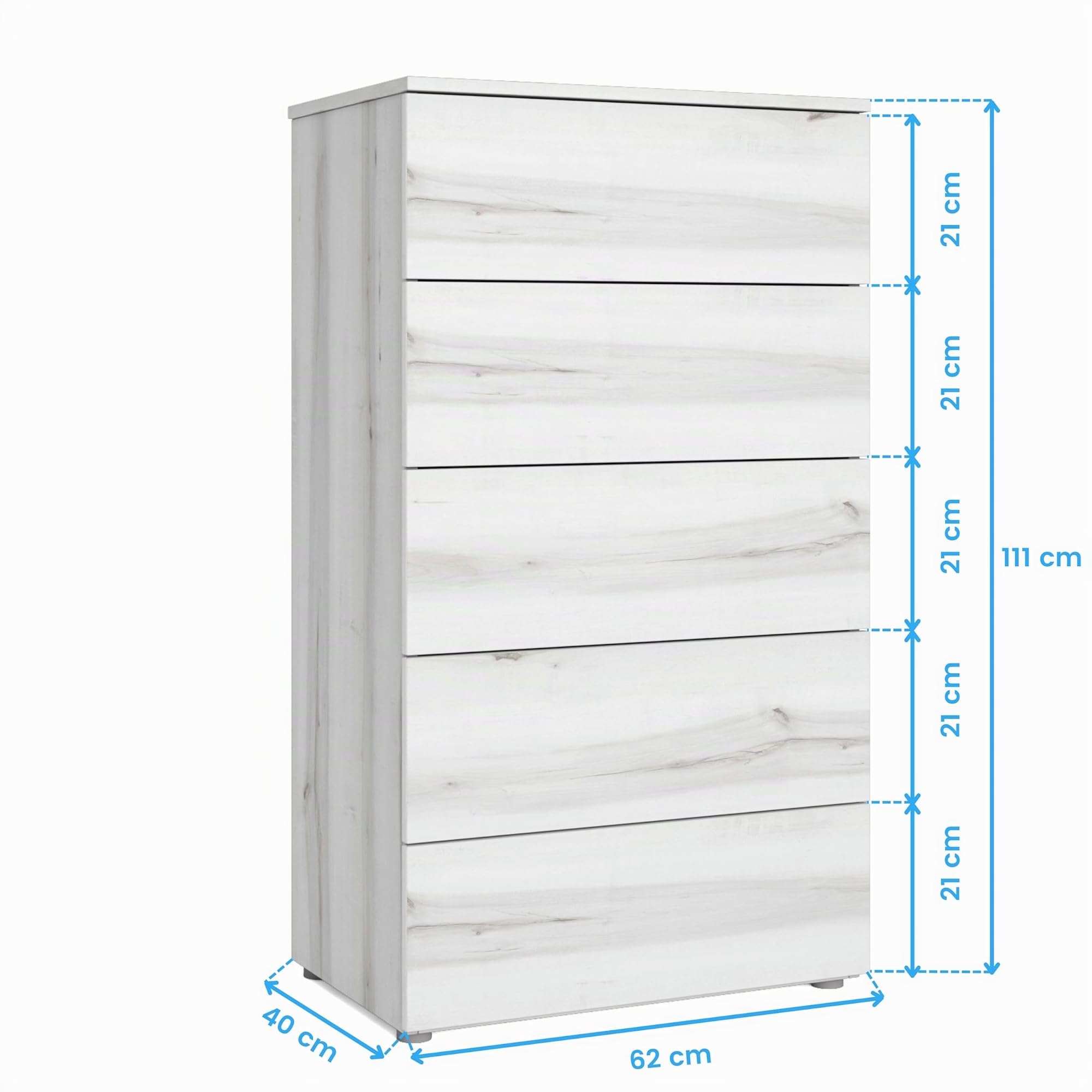 Sinfonier Cómoda 5 Cajones Mueble Cajonera Cómoda Alta Lyon Blanco Albo 62x111 cm