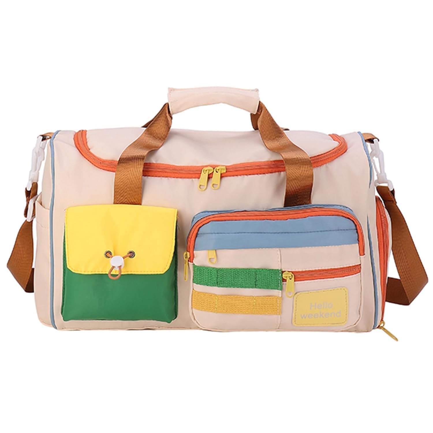 Travel Duffle Bag for Women & Men | Colourblock Weekender Overnight Carry Tote | Large Capacity Waterproof Foldable Flight Luggage Organizer for Gym Sports Fitness & Outdoor Activities (Beige)-picture-25