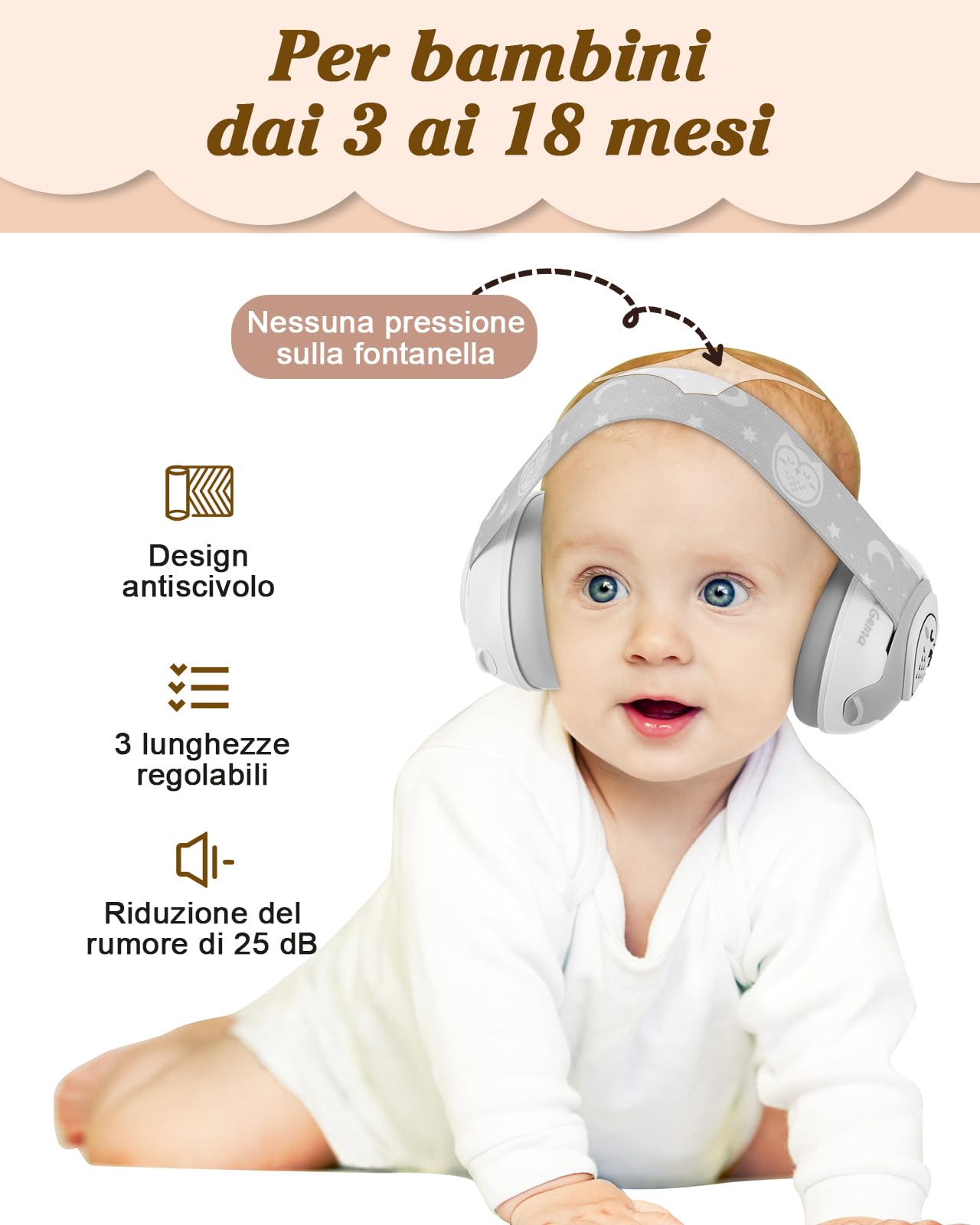 Lilian&Gema 2 in 1 Cuffie Neonato Antirumore -25dB,Protettori acustici per neonati, archetto regolabile, antiscivolo e antistress, protezione acustica ideale per neonati fino a 48 mesi