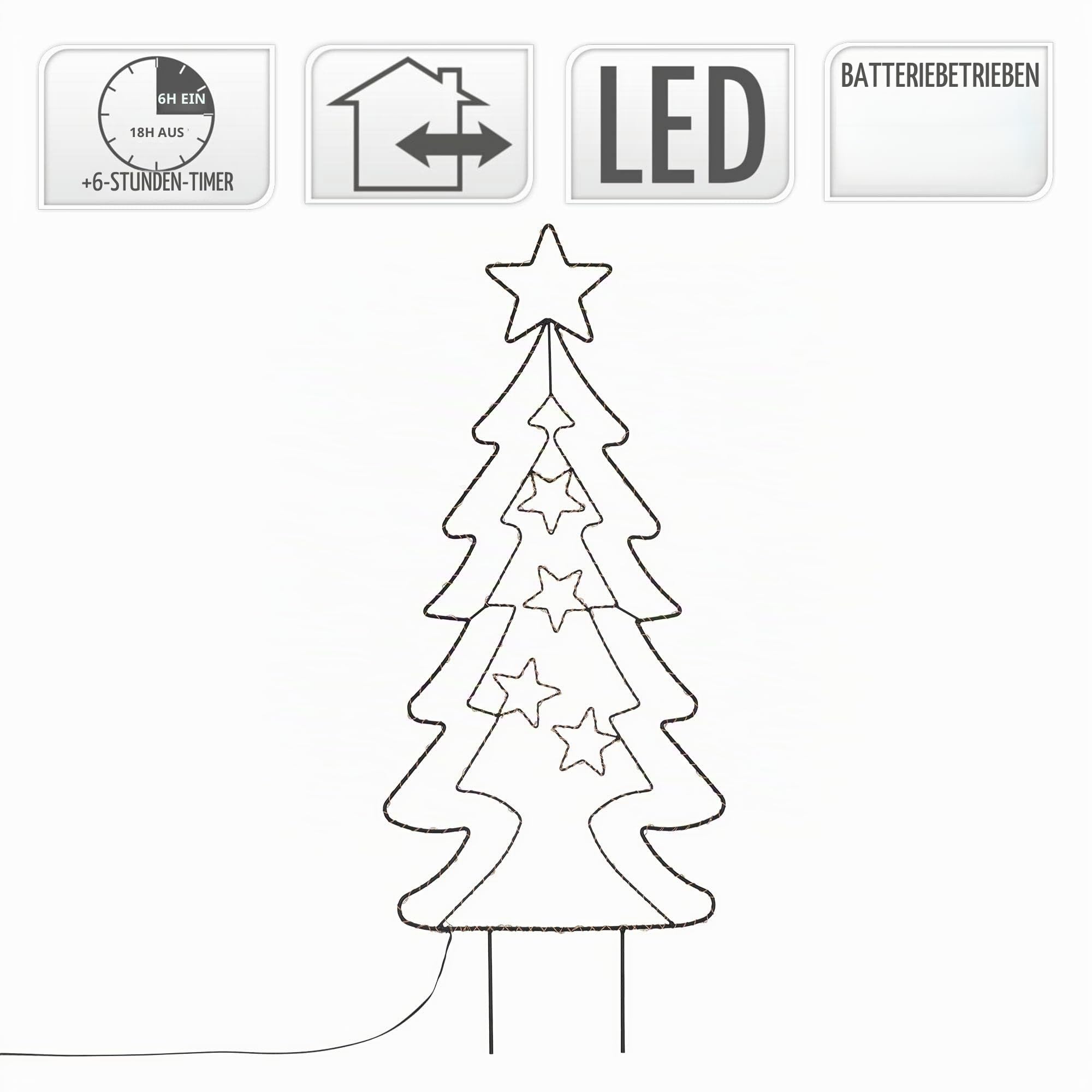 ECD Germany LED Gartenstecker Weihnachtsbaum Tanne 87cm 90 LEDs Warmweiß 6 Std Timer Batteriebetrieben Innen/Außen Metall LED Baum Weihnachten Dekoration Garten Deko Tannenbaum beleuchtet Lichterbaum
