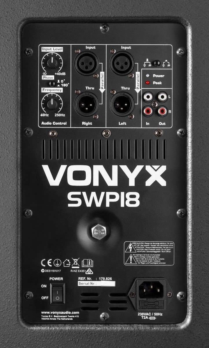 VONYX SWP18 Caisson de Basse Actif 1200W, Phase Réglable, Entrée/Sortie XLR + RCA, Amplificateur Intégré, Insert sur la Face Supérieure pour Enceinte Active, Grave 18", Idéal pour DJ Mobile