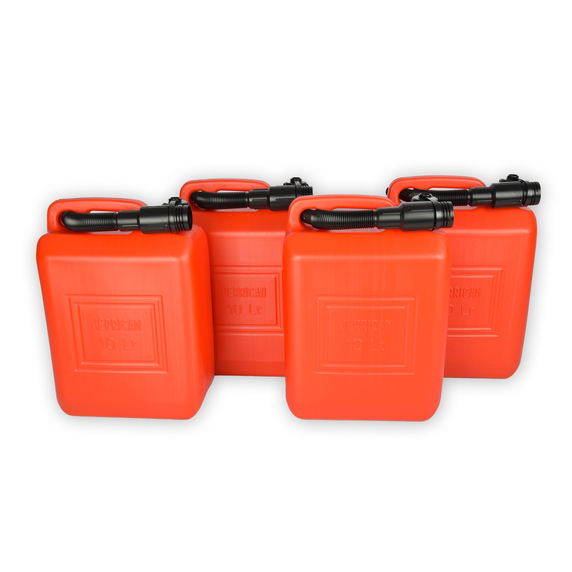 Bidon 10 Litres Rouge - Lot de 4 - Bidon de Carburant Homologué par l'ONU pour Essence et Diesel - Comprend un Long Bec Verseur et un Tuyau de Remplissage - Pour Voiture, Bateau, Atelier et Camping