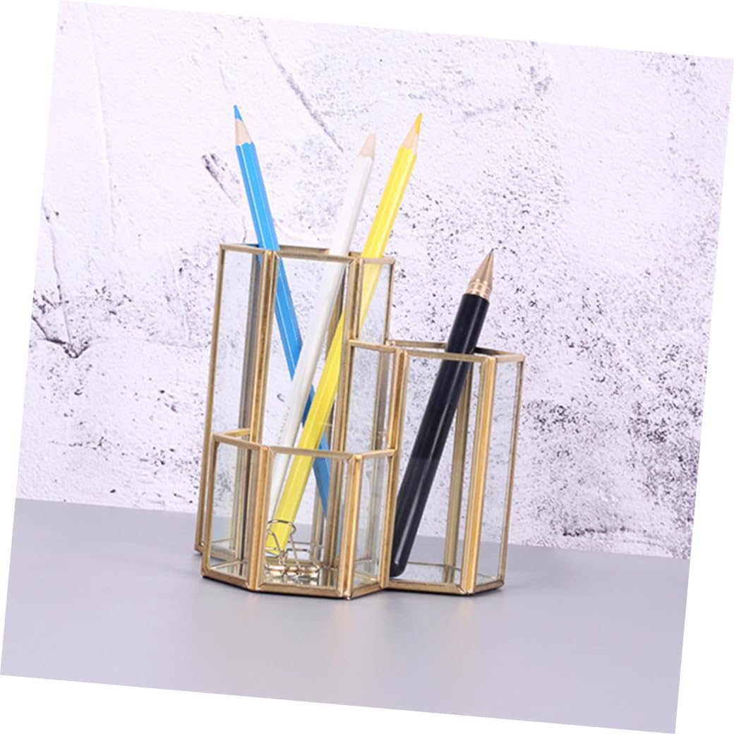 jojofuny Porte-crayons Hexagonal en Verre Doré, Décoration de Bureau Légère