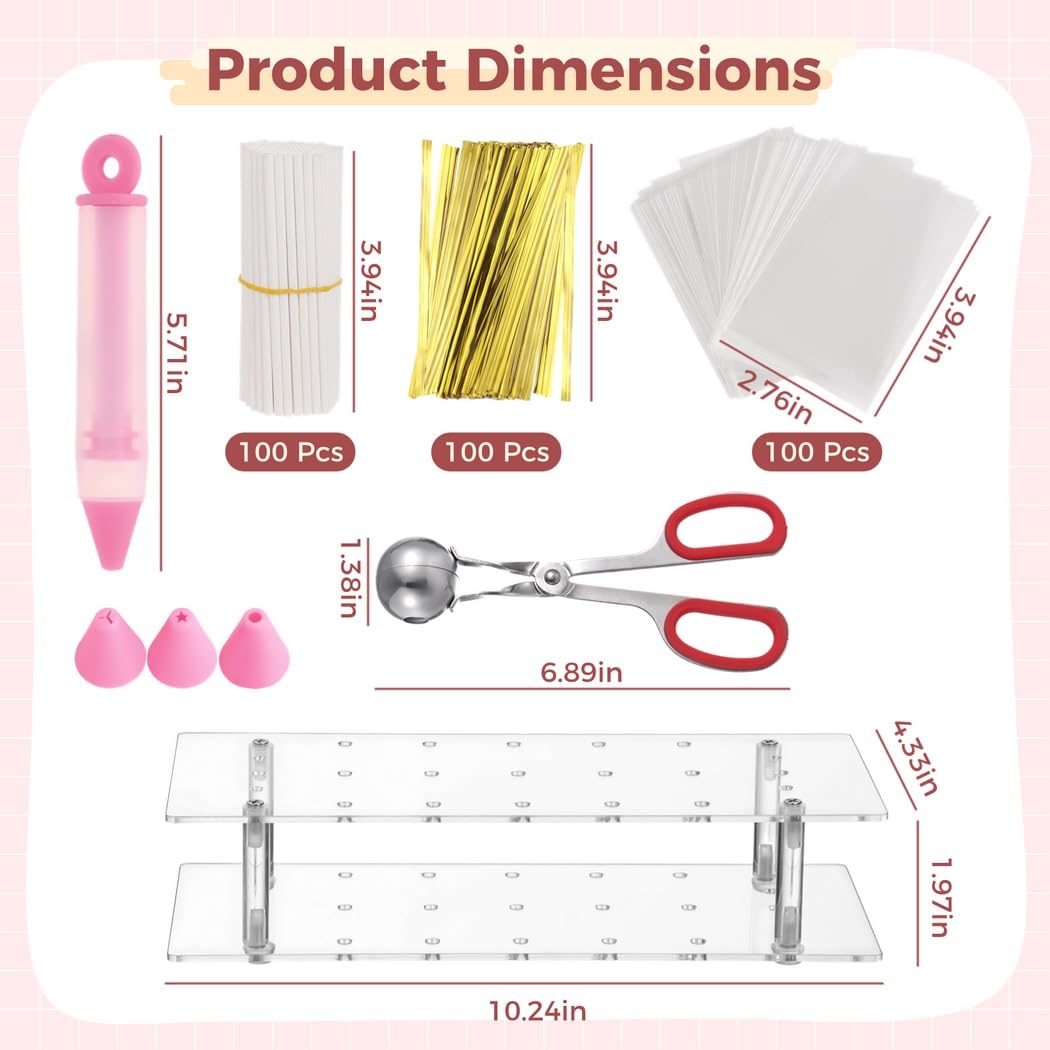 Cake Pop Maker Set, Lutscherbeutel-Set mit 100 Sticks, 100 Hüllen, 100 Drahtbindern, 1 Ständer, 1 Deko-Stift, 1 Kugelportionierer mit Griff für Cake Pops und Süßwaren