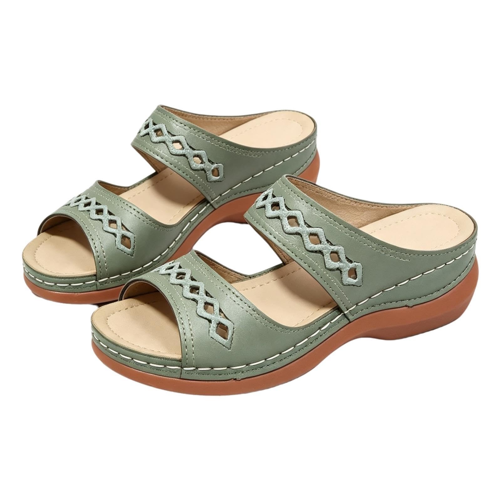 Generico Sandali Con Zeppa Da Donna, Ciabatte Larghe In Pelle Con Tacco Basso(Green,40 EU)