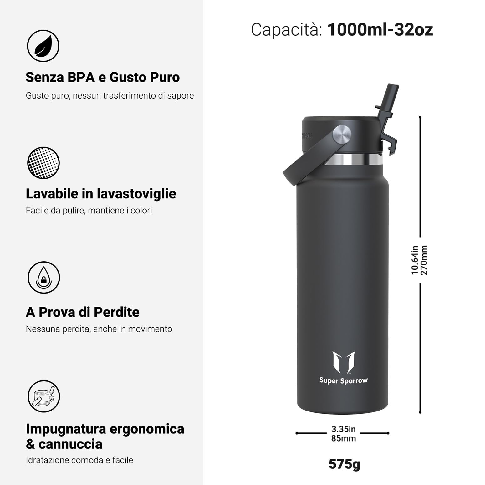 Sparrow Borraccia Termica - 500ml/750ml/1L/1.2L - SwivelSip Bottiglia Acciaio Inox - Senza BPA Borracce Termiche, Borraccia con Cannuccia Ergonomica per Scuola, Sportiva, Campeggio, Palestra