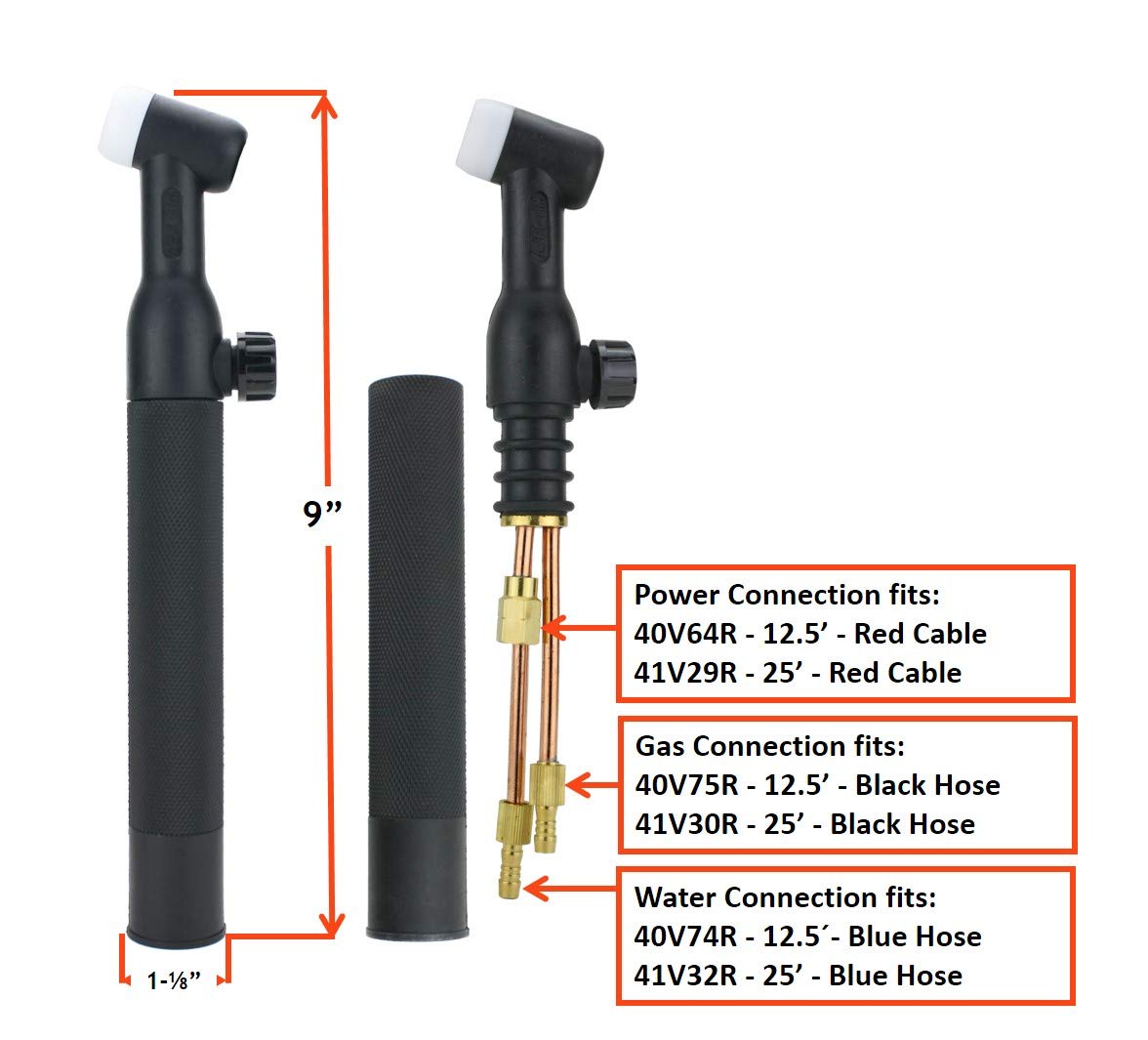 18 Series TIG Torch Head Body - With Valve - 350 Amp - Water Cooled - Model: WP-18V