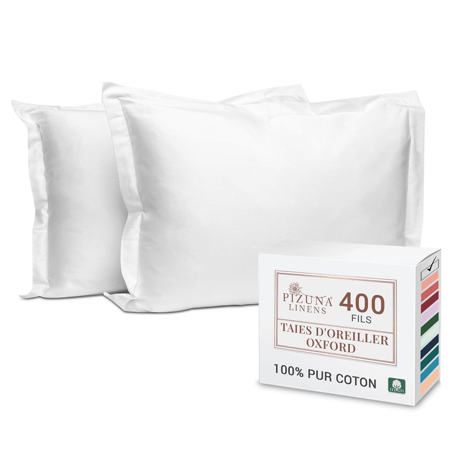 Pizuna Coton Peigné Set de 2 Taies d'oreiller 50x75 cm Blanc 400 Fils | 100% Coton Longue Tige Armure Satin Taies d'oreiller Douces 50x75 (Blanc Taies d'oreiller 2 Pièces)