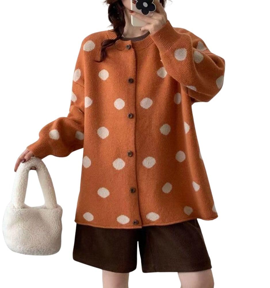 chouyatou Womens Color Block Polka Dot Cardigans Button Down Chunky Knit Cardigan Sweater Jacket Outerwear Coat