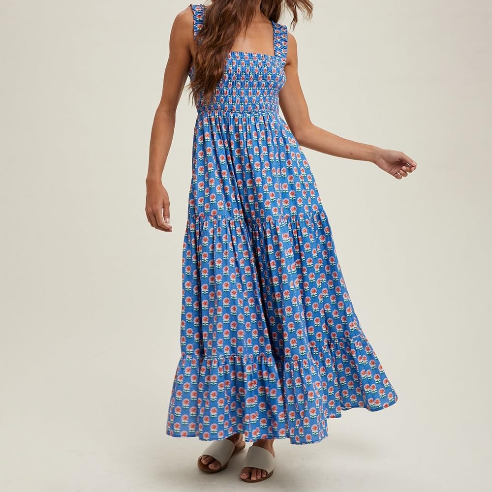 Women Bohemian Graphic Maxi Dress Spaghetti Strap Flowy Cami Dress Floral Tiered Sundress Y2K Summer Beach Dresses - Image 2