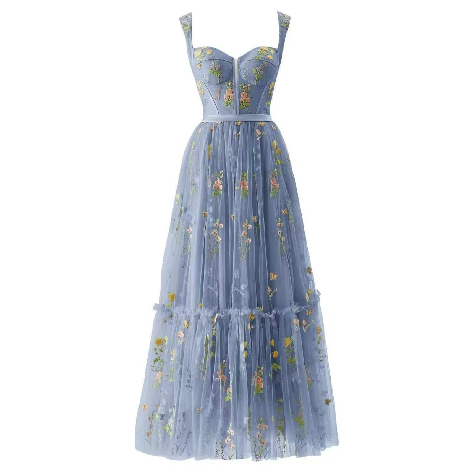 Abiti da Ballo da Donna con Ricami Floreali, Lunghezza tè, Corsetto, Linea A, da Fata, Abito da Sera Formale